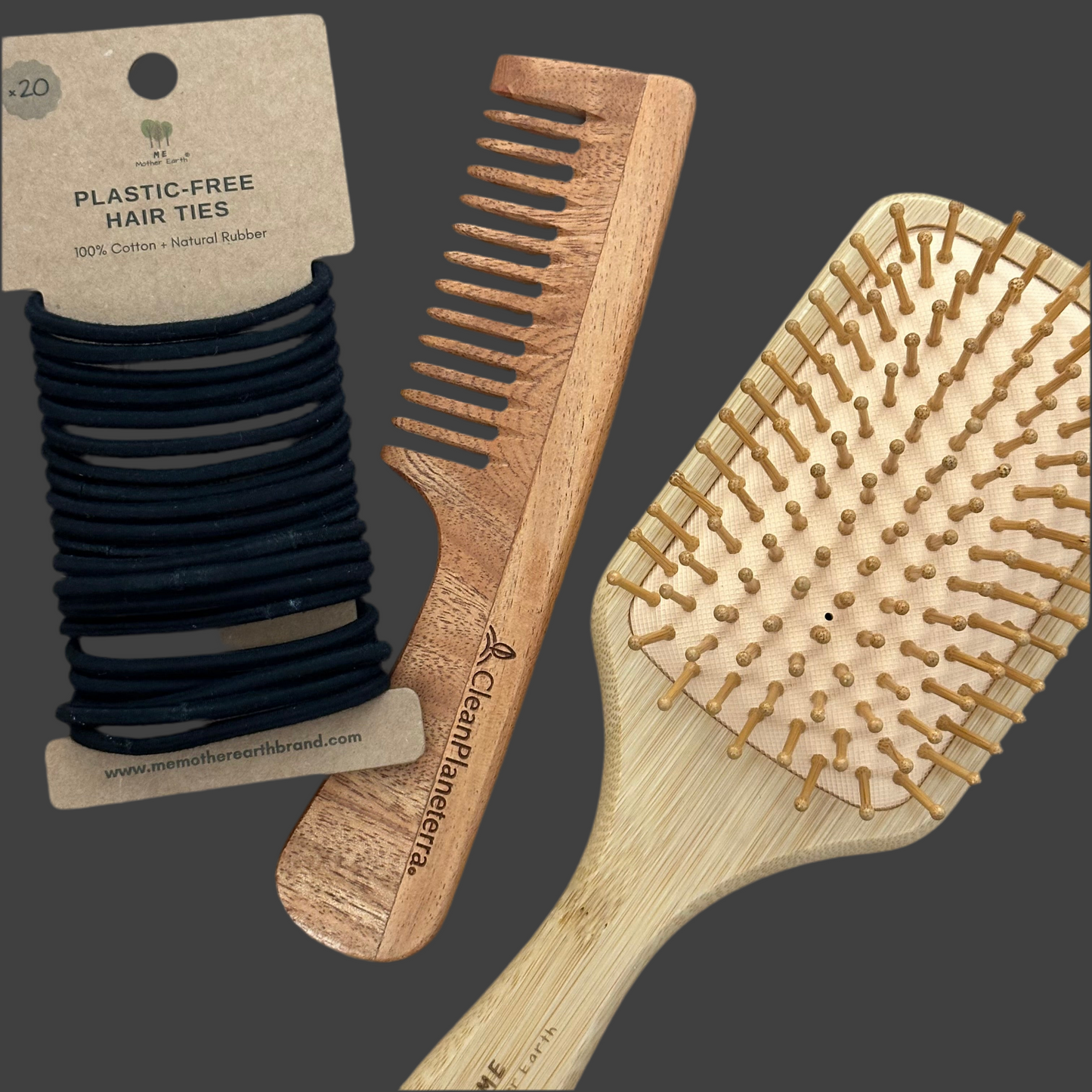 Haircare Set: Paddlebrush, Comb, and Hair Ties