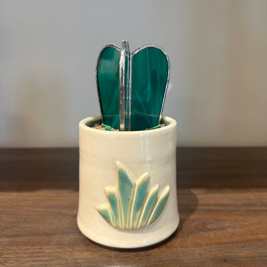 Stained Glass Cactus in Handmade Ceramic Cup