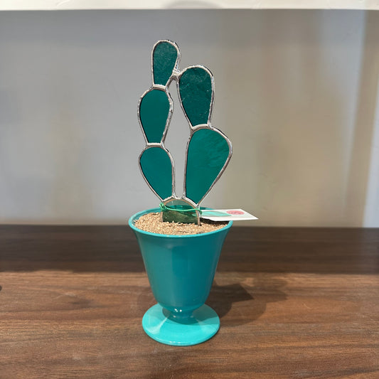 Stained Glass Prickly Pear Cactus in Teal Cup