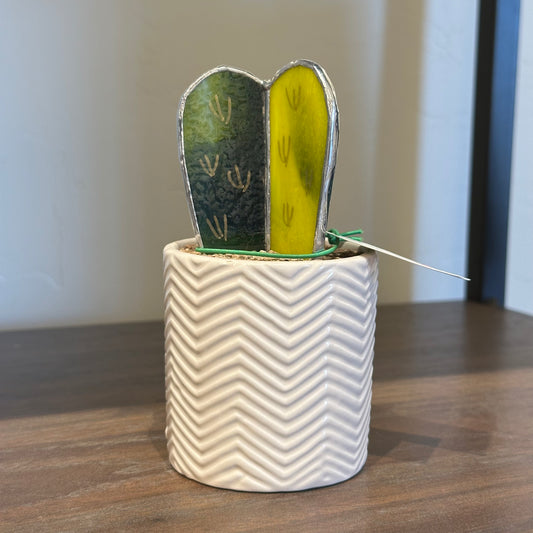 Stained Glass Cactus in White Chevron Grooves Cup