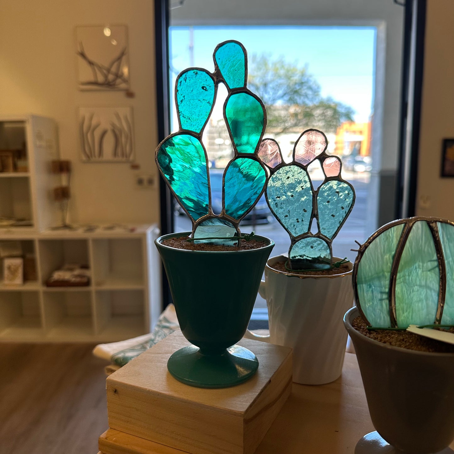 Stained Glass Prickly Pear Cactus in Teal Cup