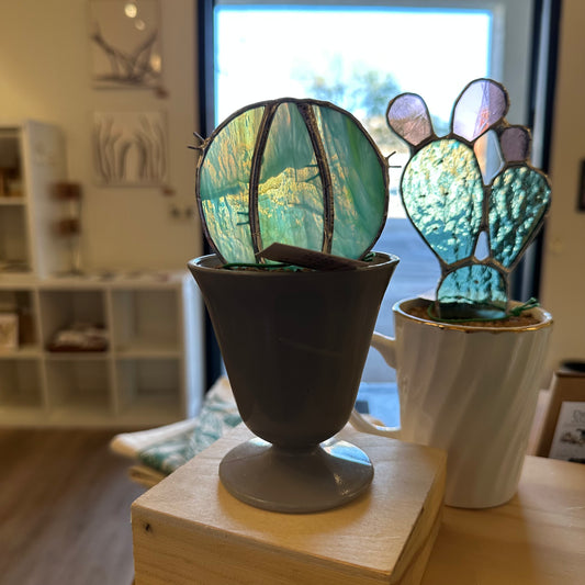 Stained Glass Barrel Cactus in Gray Cup