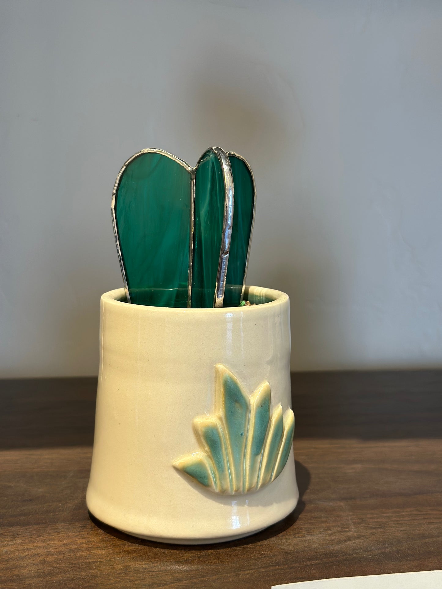 Stained Glass Cactus in Handmade Ceramic Cup