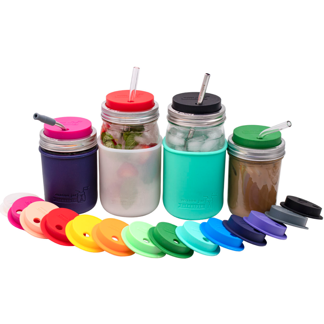 Silicone Straw Hole Tumbler w/ Stainless Steel Band for Jars