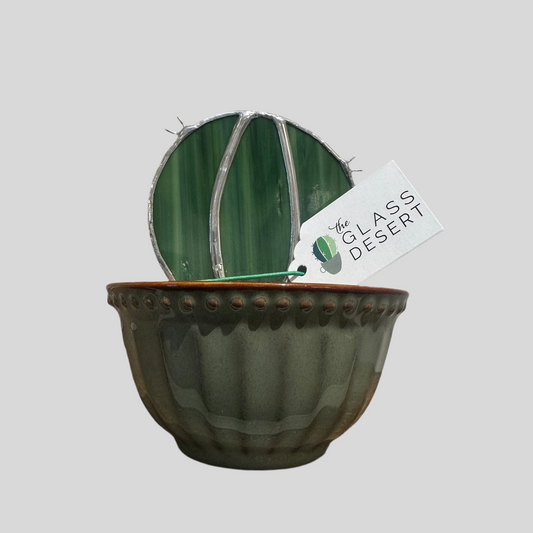 Stained Glass Art Potted Cactus - Barrel Cactus in Green Bowl