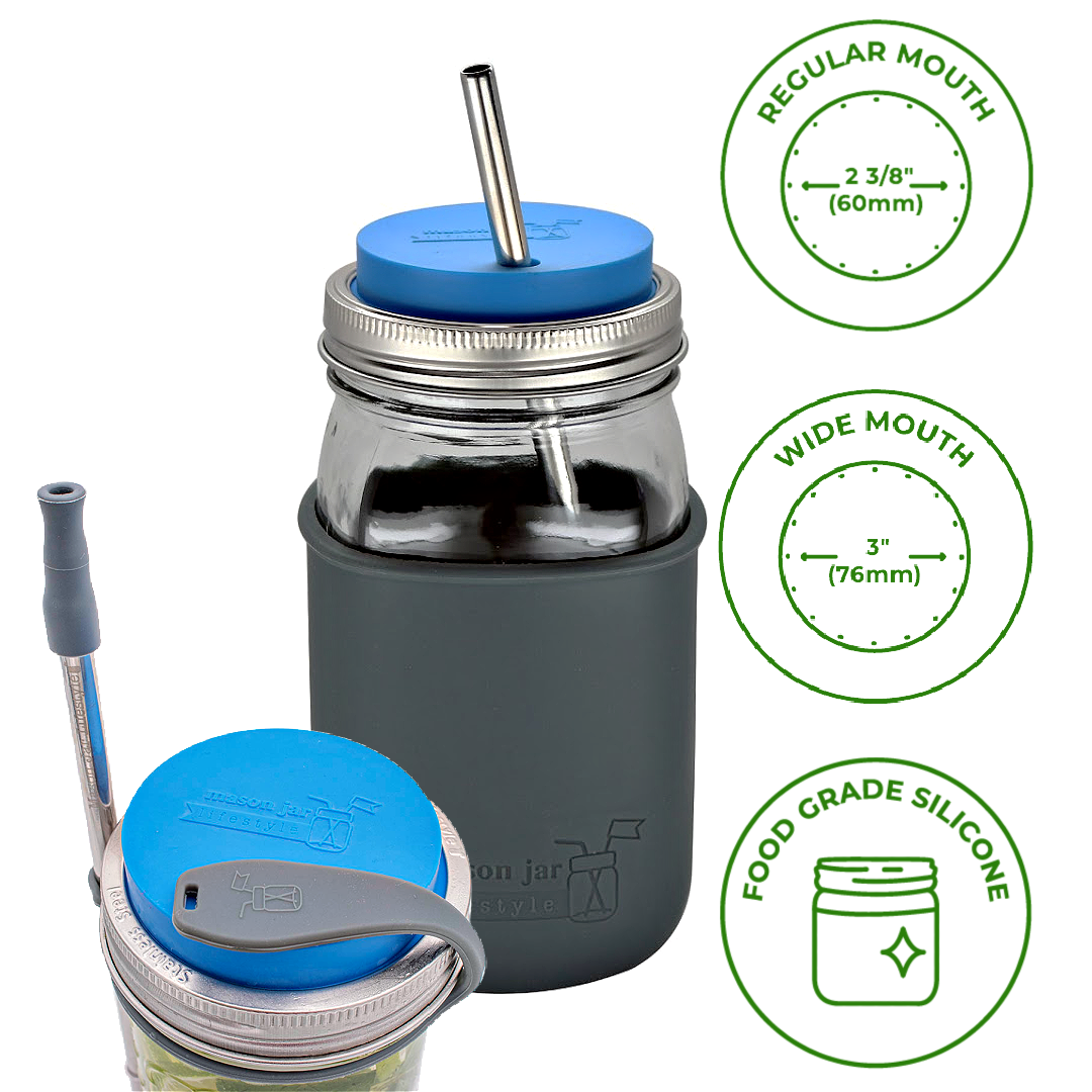 Silicone Straw Hole Tumbler w/ Stainless Steel Band for Jars