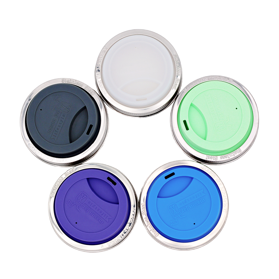 Silicone Drinking Lid with Stainless Steel Band for Jars