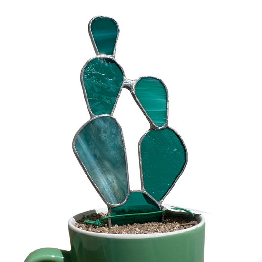 Stained Glass Art Potted Cactus - Turquoise Prickly Pear in Green Mug