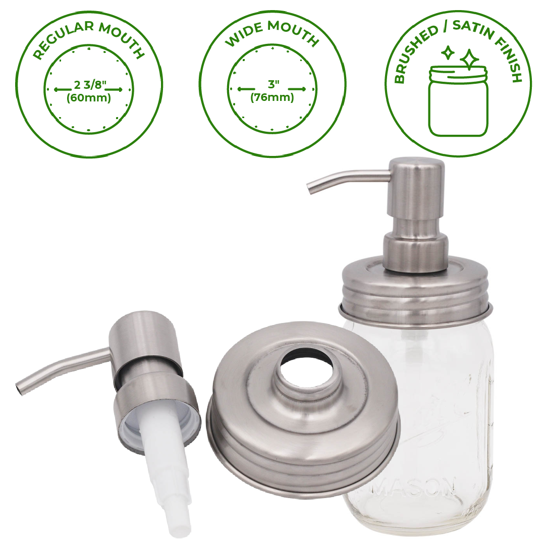 Satin / Brushed Finish Soap Pump Dispensers for Mason Jars