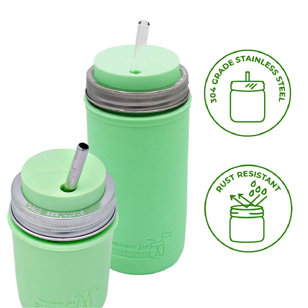 Silicone Straw Hole Tumbler w/ Stainless Steel Band for Jars