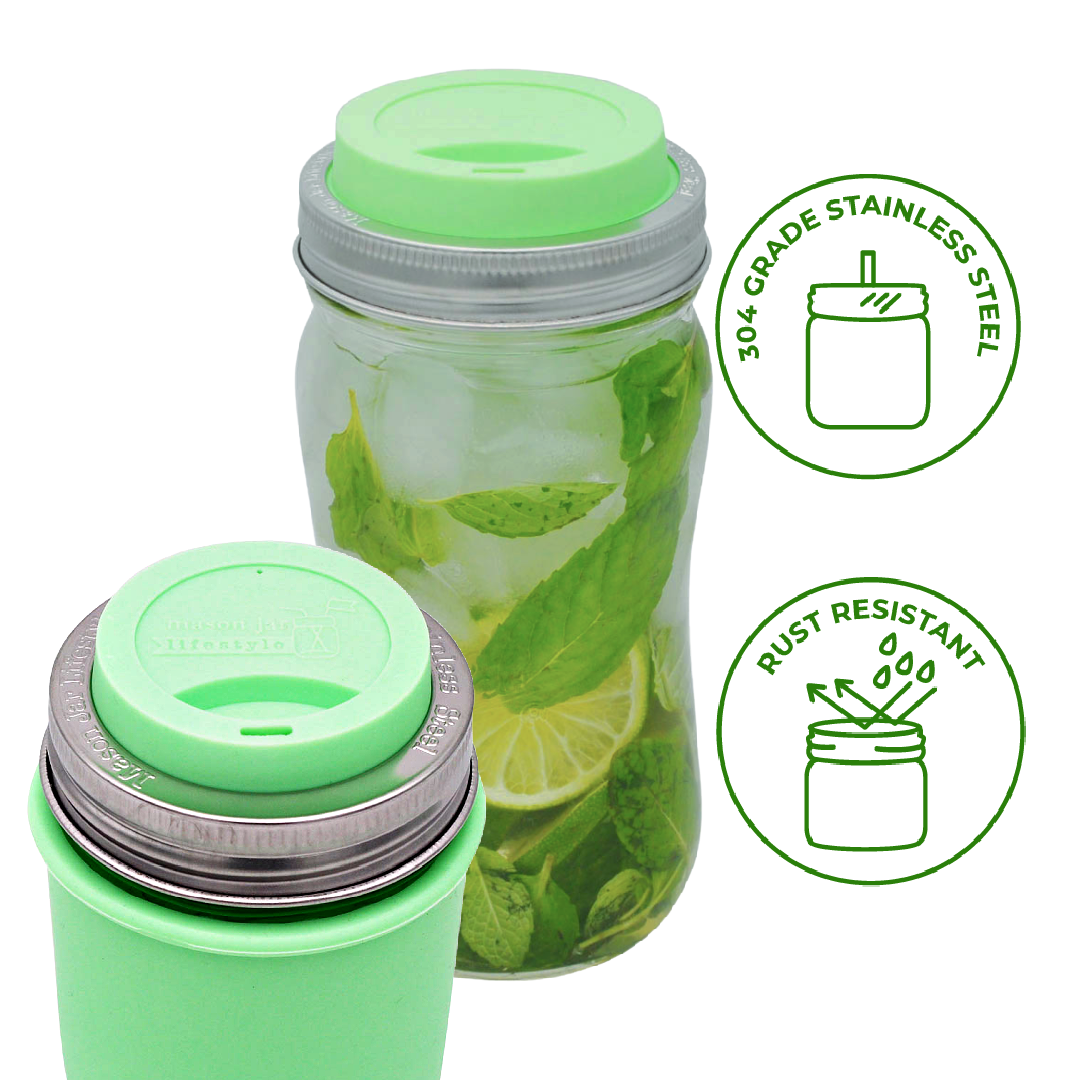 Silicone Drinking Lid with Stainless Steel Band for Jars